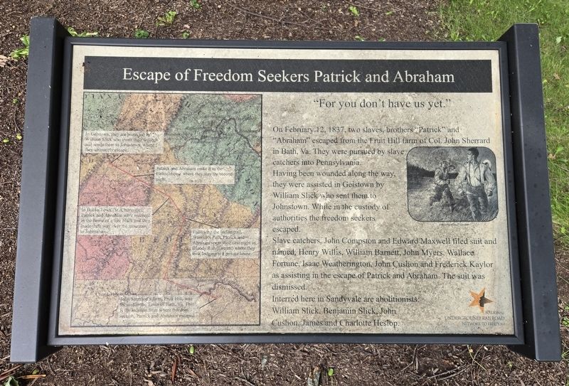 Escape of Freedom Seekers Patrick and Abraham Marker. Click for full size. Escape of Freedom Seekers Patrick and Abraham Marker image. Click for full size.
