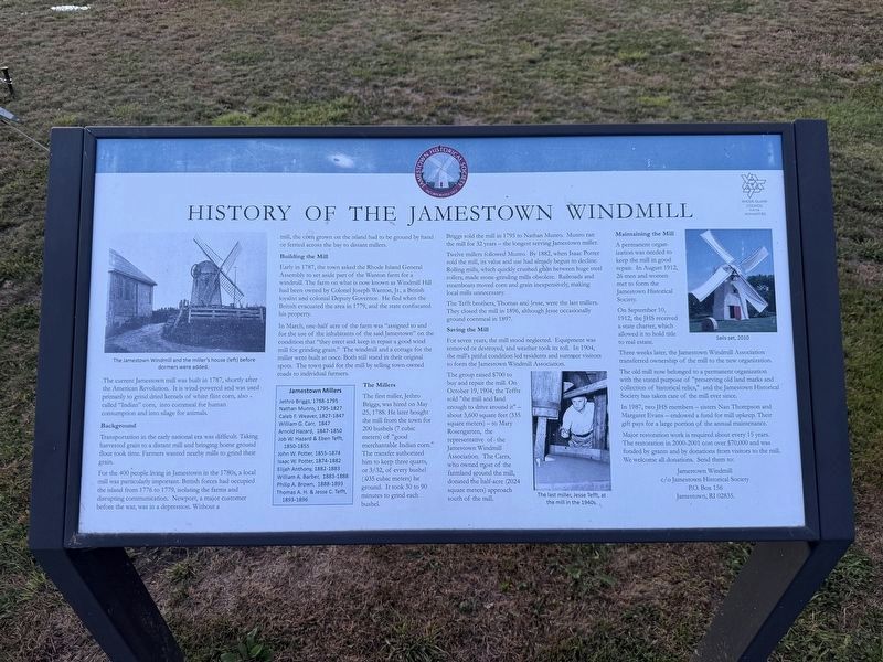 History of the Jamestown Windmill Marker. Click for full size. History of the Jamestown Windmill Marker image. Click for full size.