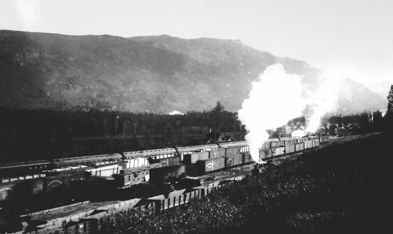 Marker detail: Canadian Northern Railway yards with trains moving past Lucerne in 1919 image. Click for full size.