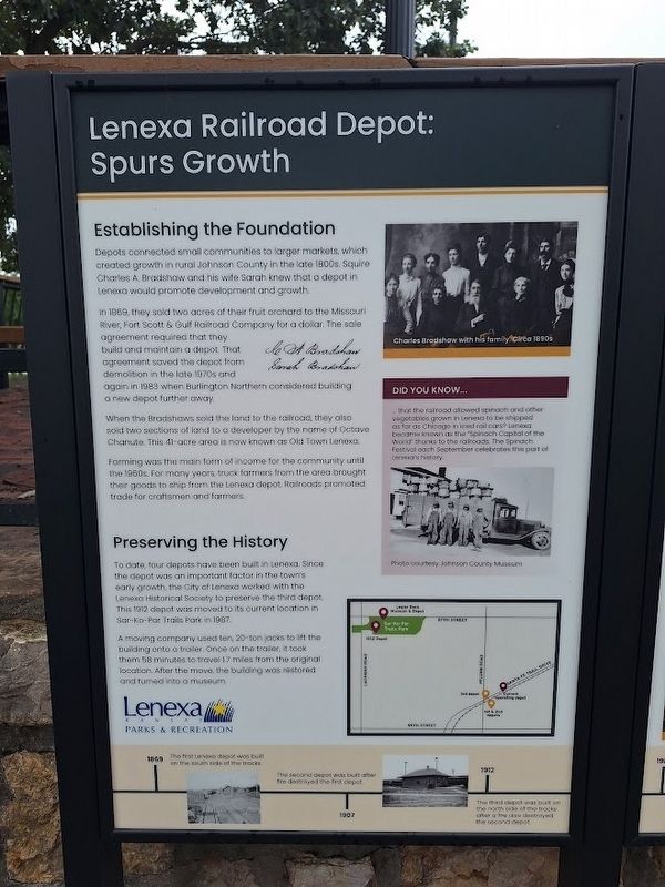 Lenexa Railroad Depot: Spurs Growth Marker. Click for full size. Lenexa Railroad Depot: Spurs Growth Marker image. Click for full size.