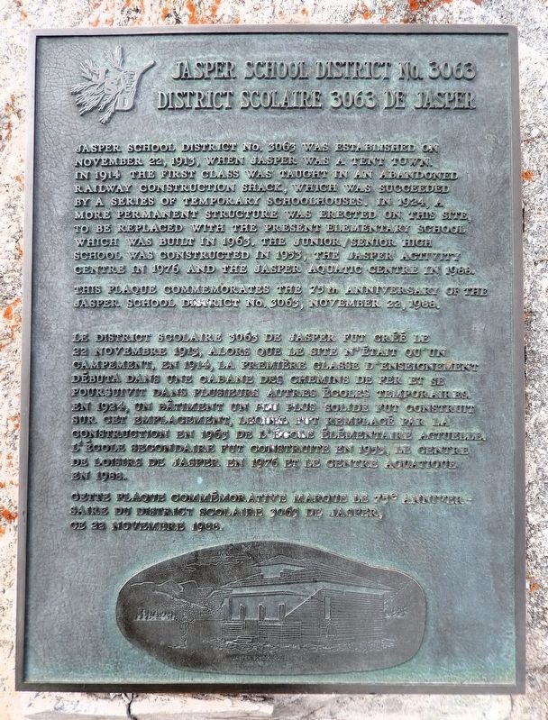 Jasper School District No. 3063/District scolaire 3063 de Jasper Marker. Click for full size. Jasper School District No. 3063/District scolaire 3063 de Jasper Marker image. Click for full size.