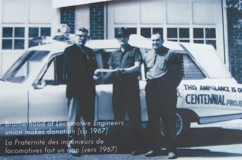 Marker detail: Brotherhood of Locomotive Engineers union makes donation (ca 1967). Click for full size. Marker detail: Brotherhood of Locomotive Engineers union makes donation (ca 1967) image. Click for full size.