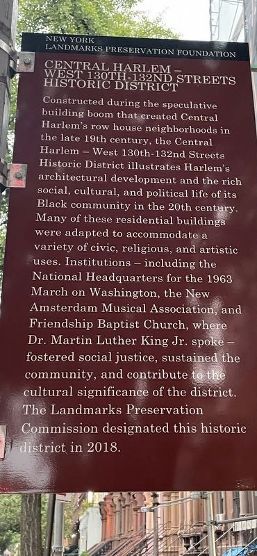 Central Harlem - West 130th-132nd Streets Historic District Marker. Click for full size. Central Harlem - West 130th-132nd Streets Historic District Marker image. Click for full size.