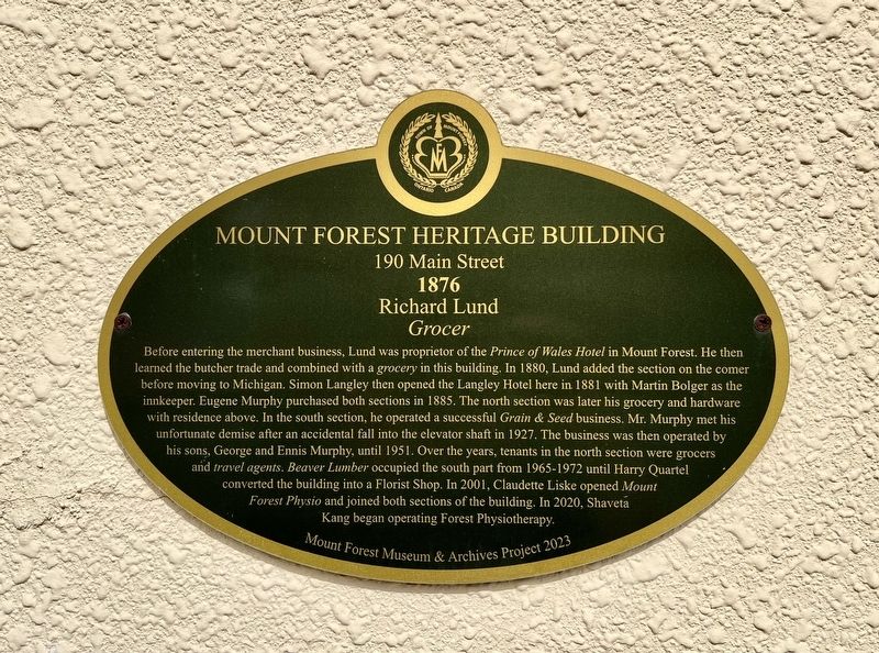 Mount Forest Heritage Building 190 Main Street Marker. Click for full size. Mount Forest Heritage Building 190 Main Street Marker image. Click for full size.