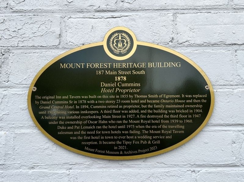 Mount Forest Heritage Building 187 Main Street South Marker. Click for full size. Mount Forest Heritage Building 187 Main Street South Marker image. Click for full size.