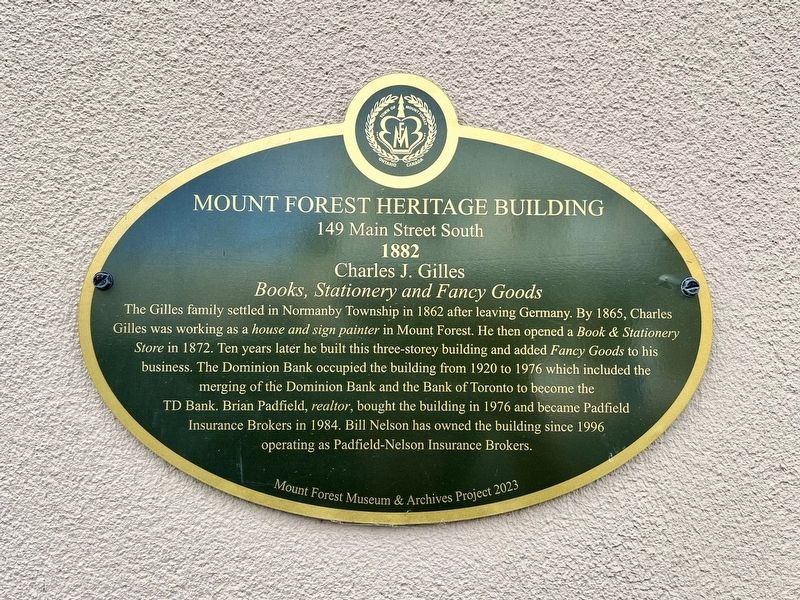 Mount Forest Heritage Building 149 Main Street South Marker. Click for full size. Mount Forest Heritage Building 149 Main Street South Marker image. Click for full size.