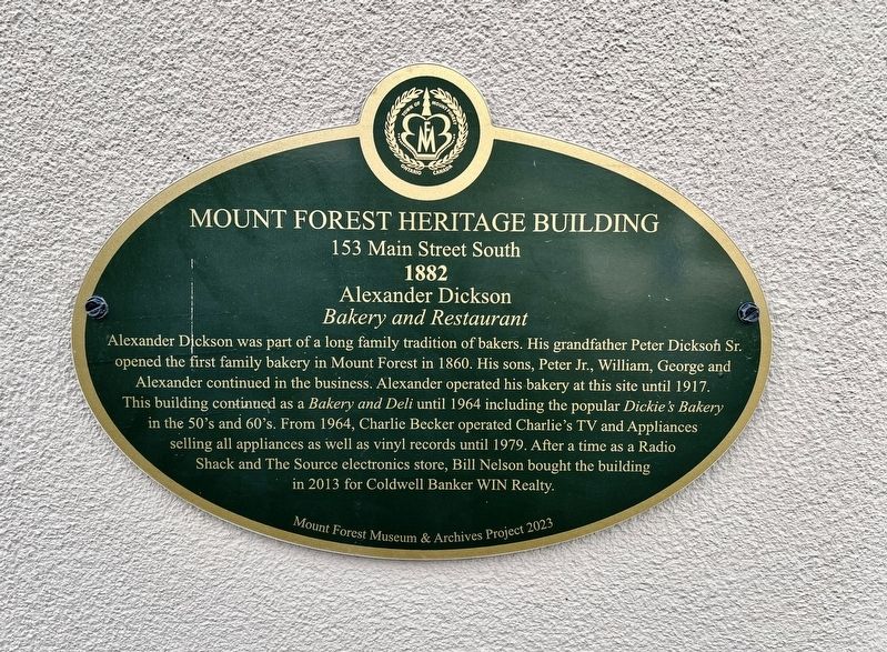 Mount Forest Heritage Building 153 Main Street South Marker. Click for full size. Mount Forest Heritage Building 153 Main Street South Marker image. Click for full size.