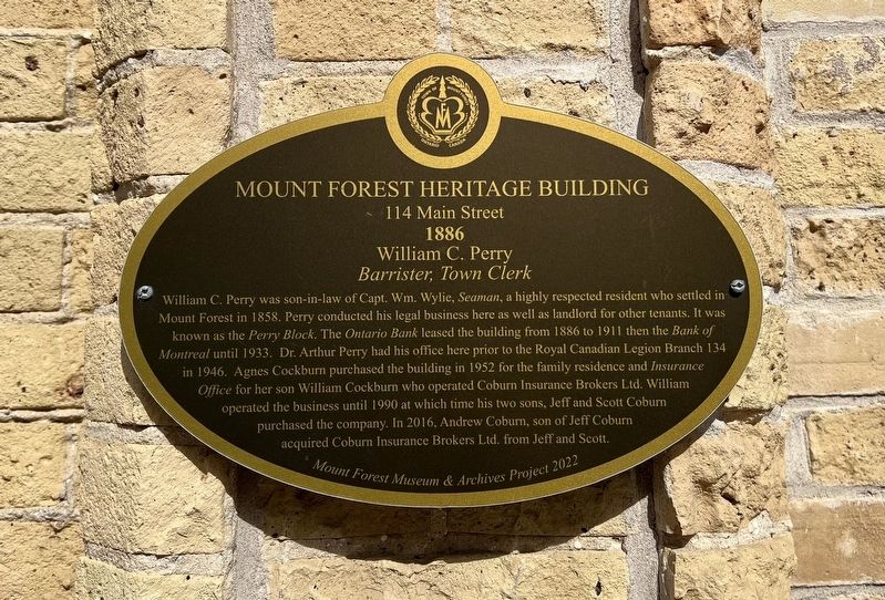 Mount Forest Heritage Building 114 Main Street South Marker. Click for full size. Mount Forest Heritage Building 114 Main Street South Marker image. Click for full size.