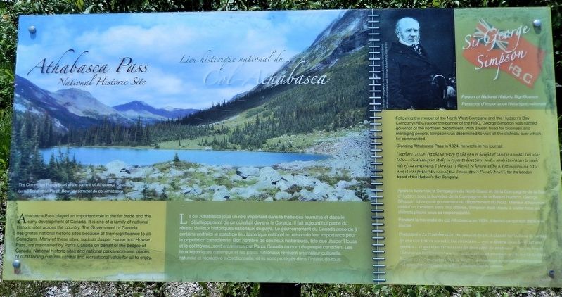 Athabasca Pass National Historic Site / Lieu historique national du Col-Athabasca Marker. Click for full size. Athabasca Pass National Historic Site / Lieu historique national du Col-Athabasca Marker image. Click for full size.