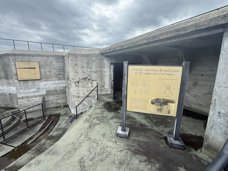 Loading and firing 10-inch guns on Disappearing Carriages. Marker. Click for full size. Loading and firing 10-inch guns on Disappearing Carriages. Marker image. Click for full size.