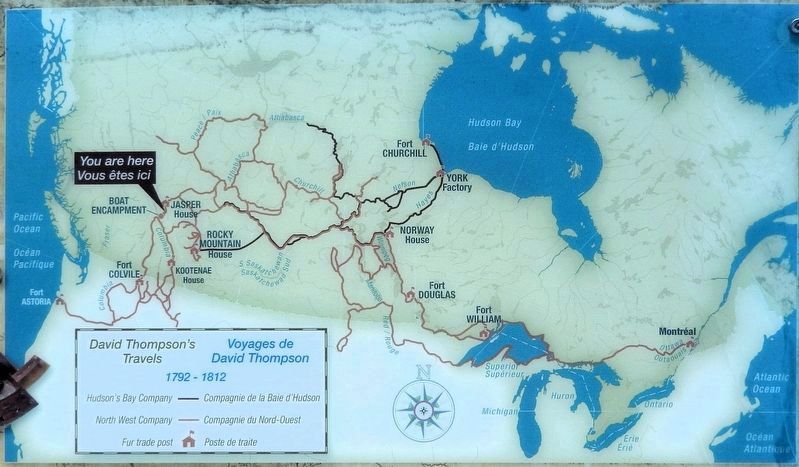 Marker detail: David Thompson’s Travels 1792-1812<br>Voyages de David Thompson. Click for full size. Marker detail: David Thompson’s Travels 1792-1812<br>Voyages de David Thompson image. Click for full size.