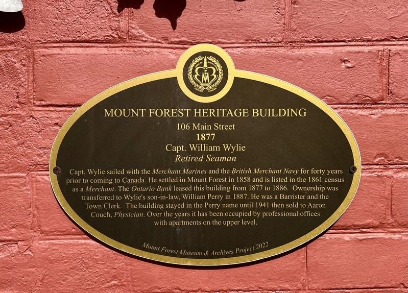 Mount Forest Heritage Building 106 Main Street Marker. Click for full size. Mount Forest Heritage Building 106 Main Street Marker image. Click for full size.
