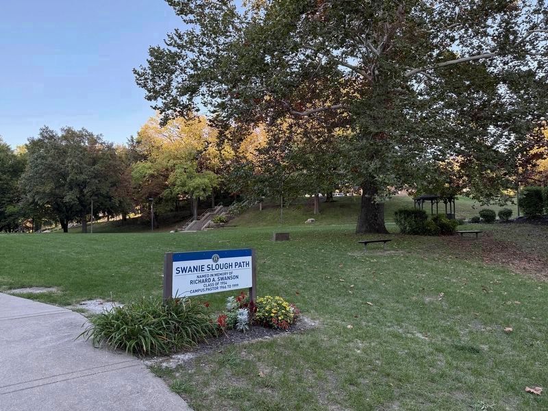 Swanie Slough Path Sign & Augustana Memorial Amphitheater Marker. Click for full size. Swanie Slough Path Sign & Augustana Memorial Amphitheater Marker image. Click for full size.