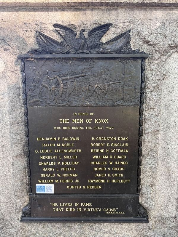 In Honor of the Men of Knox Who Died During the Great War Plaque. Click for full size. In Honor of the Men of Knox Who Died During the Great War Plaque image. Click for full size.