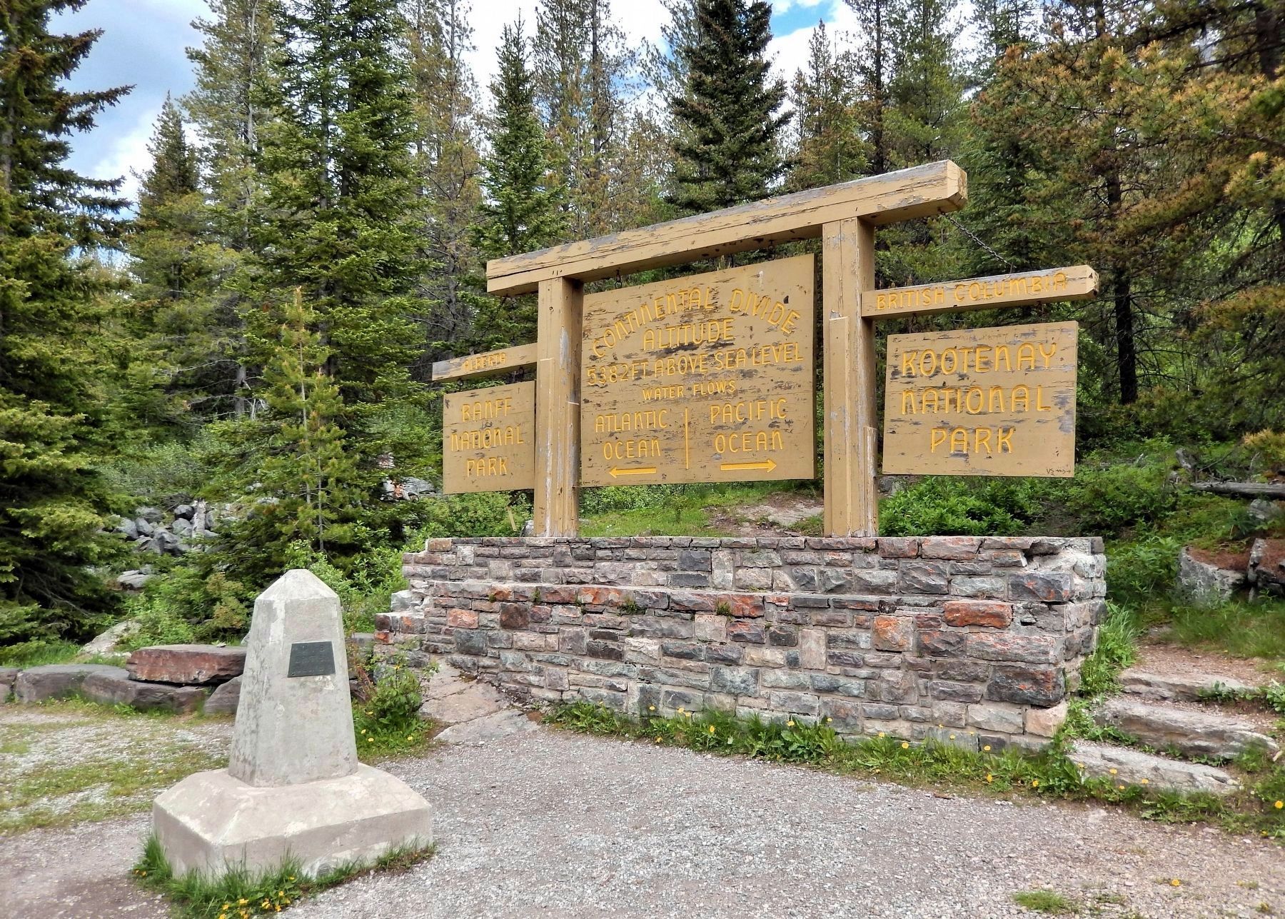 Continental Divide/Provincial Boundary Sign and Cairn No. 1-B at Vermilion Pass. Click for full size. Continental Divide/Provincial Boundary Sign and Cairn No. 1-B at Vermilion Pass image. Click for full size.