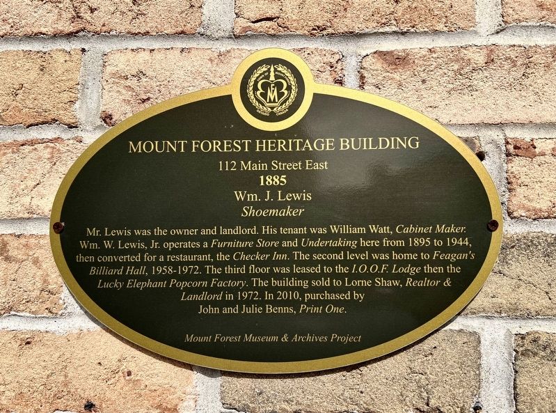 Mount Forest Heritage Building 112 Main Street East Marker. Click for full size. Mount Forest Heritage Building 112 Main Street East Marker image. Click for full size.