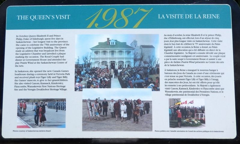 The Queen's Visit 1987 / La visite de la Reine 1987 Marker. Click for full size. The Queen's Visit 1987 / La visite de la Reine 1987 Marker image. Click for full size.