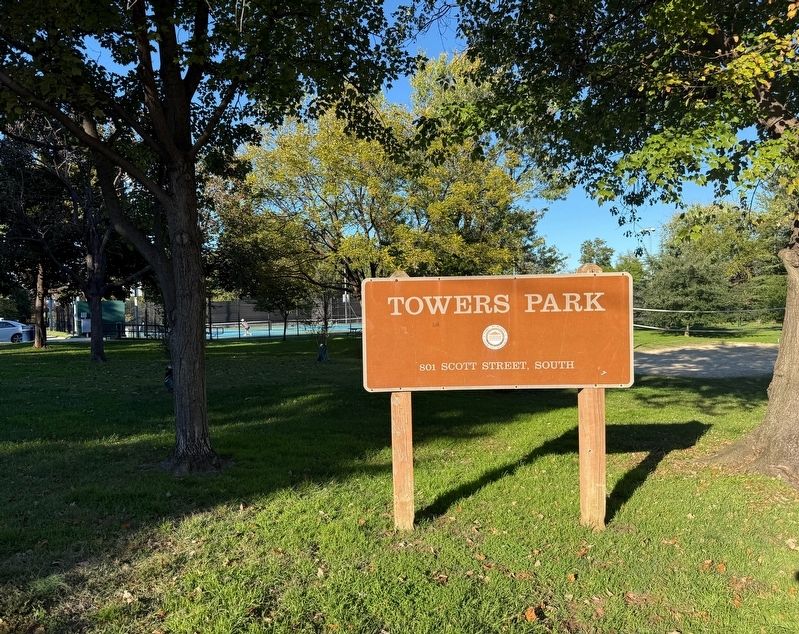 The marker stands on the grounds of Towers Park. image. Click for full size.