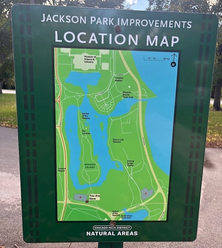 Jackson Park Improvements Marker, rear side image. Click for full size.