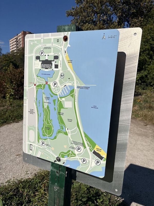 Jackson Park Improvements Marker, rear side with map of Jackson Park image. Click for full size.